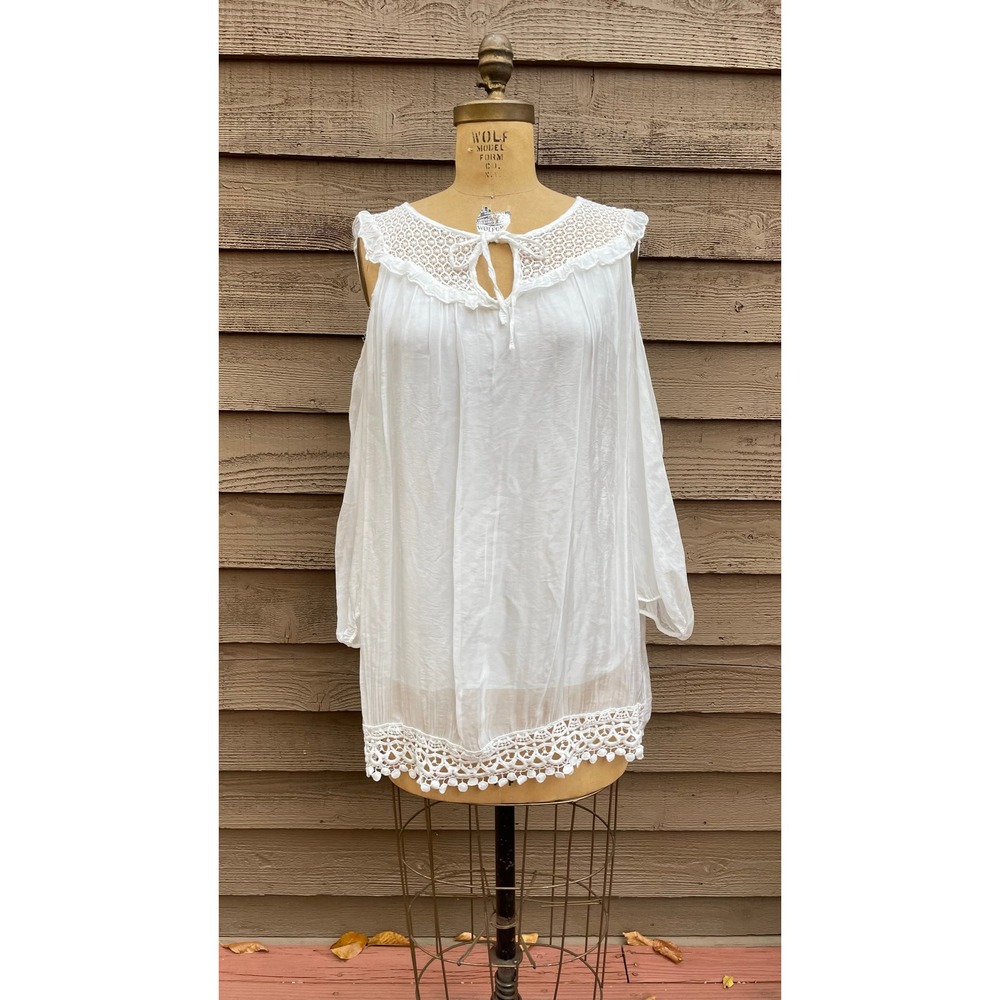 Scandal Italy White Silk Blend Cold Shoulder Crochet Lace Tunic Top NWT
